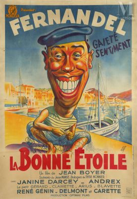 a poster advertising a french movie starring a smiling sailor