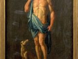 an oil painting of a man with a dog standing next to him