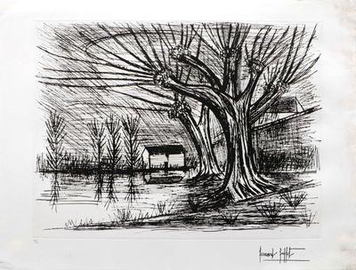 un dessin en noir et blanc représentant un arbre avec une maison en arrière-plan