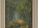 peinture à l'huile d'une scène de forêt avec un chemin au premier plan