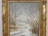 an oil painting of a snowy landscape with trees and a stream
