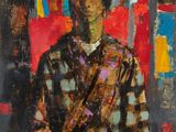 une peinture à l'huile représentant un homme en chemise à carreaux tenant un saxophone