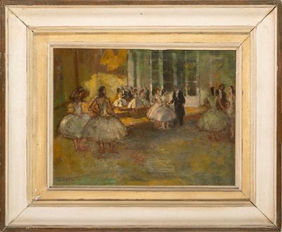 an oil painting of a group of dancers in a dance studio