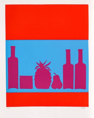 an image of a picture of a painting of a vase and bottles