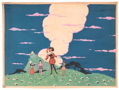 un tableau représentant une femme et deux enfants sur une colline