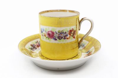une tasse et une soucoupe jaunes posées sur une assiette blanche