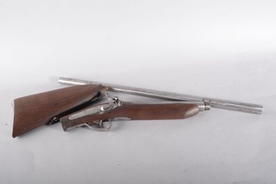 Deux armes à feu sont posées sur une surface blanche, devant un fond blanc.
