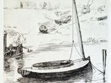 un dessin en noir et blanc d'un bateau dans l'eau