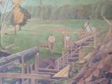 a painting of a painting of a farm scene with horses