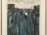 an image of a painting of train tracks in a city