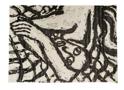abstract black and white painting of a man holding a guitar