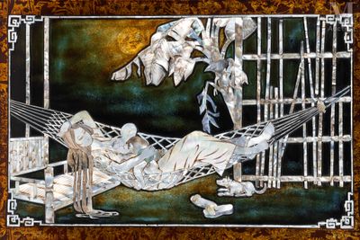 un tableau représentant un homme allongé dans un hamac
