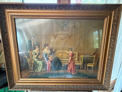 a picture of a painting of a family in a living room