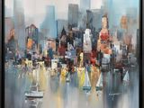an oil painting of a cityscape with sailboats floating in the water