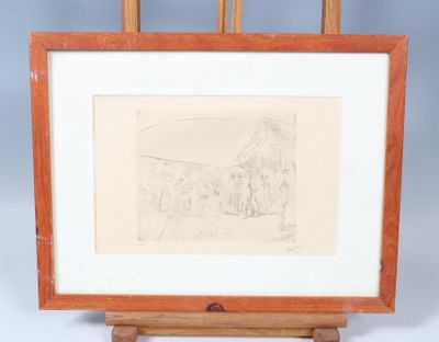 a drawing of a group of people standing in front of a wooden easel