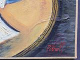 a painting of a guitar and a book on a table