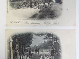 two old black and white photos of horses and people on a dirt road