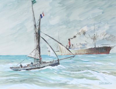 une peinture représentant un bateau sur l'eau, avec un grand navire en arrière-plan