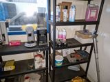 a shelf with various items on it in a room