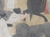 a painting of a man on a horse being led by a woman