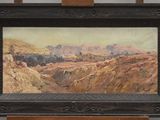 an oil painting of a landscape with a mountain in the background