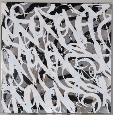 an abstract painting with white paint on a black and white background