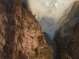 une image représentant un tableau représentant un paysage de montagne avec une personne à cheval