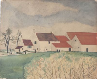 a picture of a painting of a farm in the country