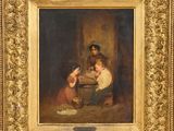 un tableau représentant un homme et une femme dans une cuisine avec un enfant