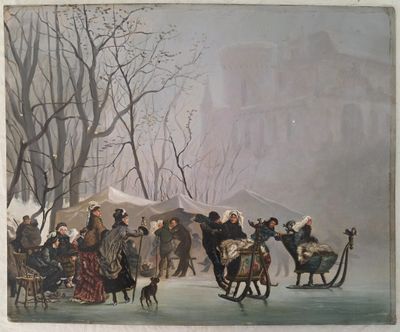 un tableau représentant un groupe de personnes faisant du patin à glace sur un lac gelé