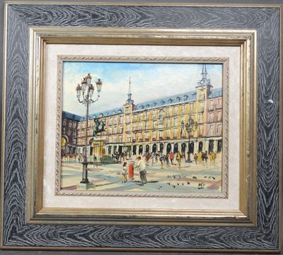 une peinture à l'huile représentant une scène de rue avec des passants
