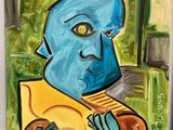une peinture à l'huile représentant un homme bleu portant une chemise jaune