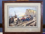 an old picture of a painting of a group of people on a beach