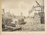 a drawing of a boat in the water with people on it