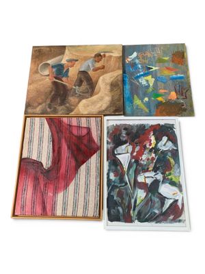 Lot de 4 pièces : Huile sur toile, technique mixte, huile su…