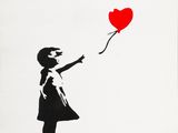 a painting of a girl holding a red balloon in the shape of a heart