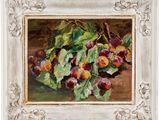 a painting of plums on a table with a white frame