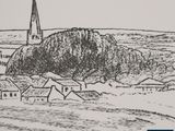 an ink drawing of a village with a steeple in the background