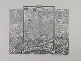 drawing of a large crowd of people in a city with banners and banners