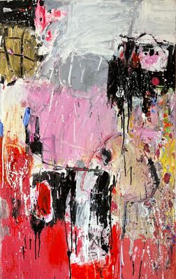 abstract painting of a woman with an umbrella in the rain