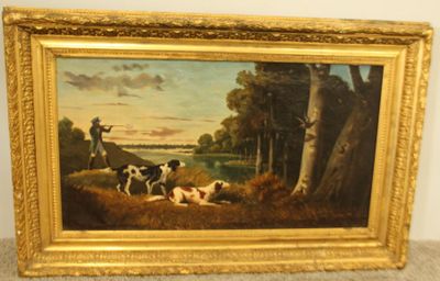 une peinture à l'huile représentant deux chiens et un homme dans un décor boisé