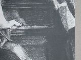 a black and white drawing of a man playing a piano