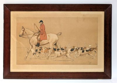 tableau représentant un homme à cheval accompagné d'une meute de chiens de chasse