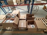 many boxes on a pallet in a warehouse
