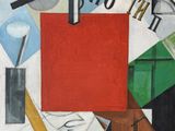 a painting of a red box and various objects on a table