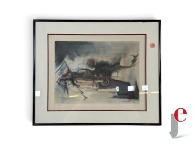 tableau encadré représentant un homme à cheval et une voiture