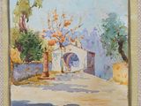 an image of a painting of a street with trees and a building
