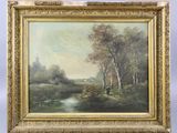 un tableau représentant un paysage avec une rivière et des arbres