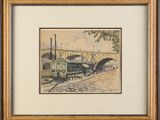 painting of a train passing under a bridge with a building in the background