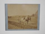 an old photo of a man plowing a field with two horses